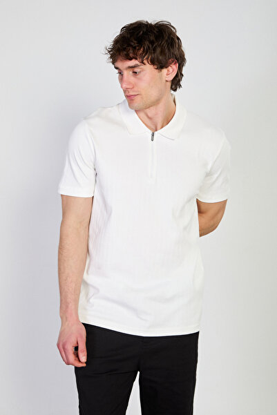 BARRELS AND OIL Men's Thick Striped Polo Collar T-Shirt - Ecru