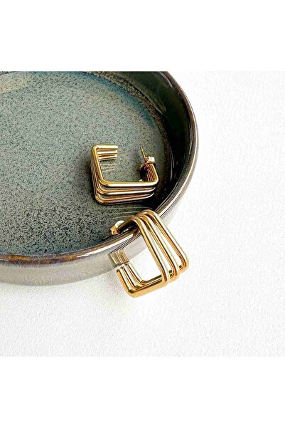 Üçlü Kare Yarım Halka Çelik Küpe Unisex Gold