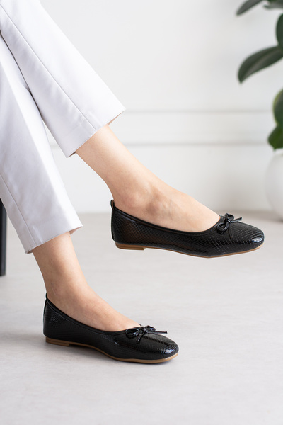 pasyone Black Snakeskin Patterned Daily Stylish Ballerinas