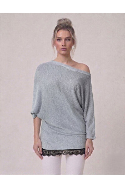 Neden Tekstil Lace Detailed Asymmetrical Black One-Shoulder Blouse