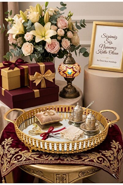 Yavuzhan Metal 25 cm Gold Söz & Nişan Tepsisi – Aynalı Dekoratif Sunum Tepsis...