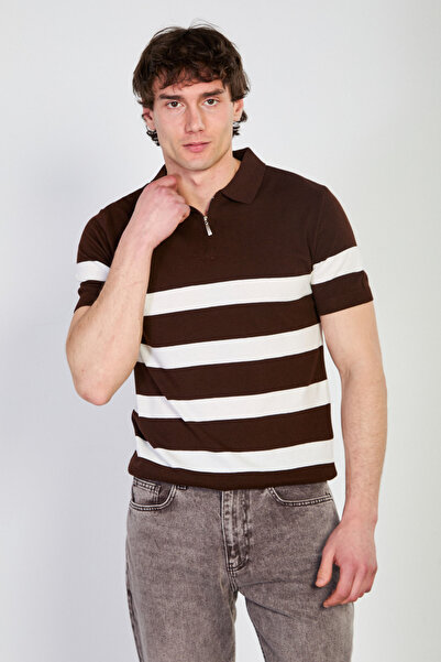 BARRELS AND OIL Men's Half-Zip Striped Polo Collar T-Shirt - Brown