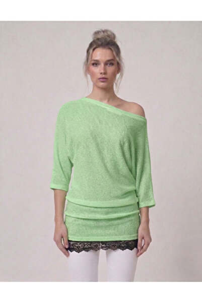 Neden Tekstil Lace Detailed Asymmetrical Black One-Shoulder Blouse