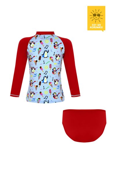 DARING LITTLES Uv Protection Upf 50+ Kids Swim Set - Long Sleeve Penguin Pattern Top & Bottom - Tappy Collection