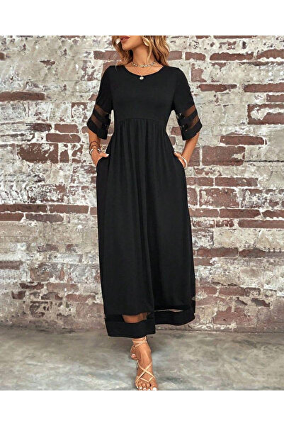 Modayakamoz Rochie maxi Janjan crep cu mâneci scurte, cu decolteu, cu tul