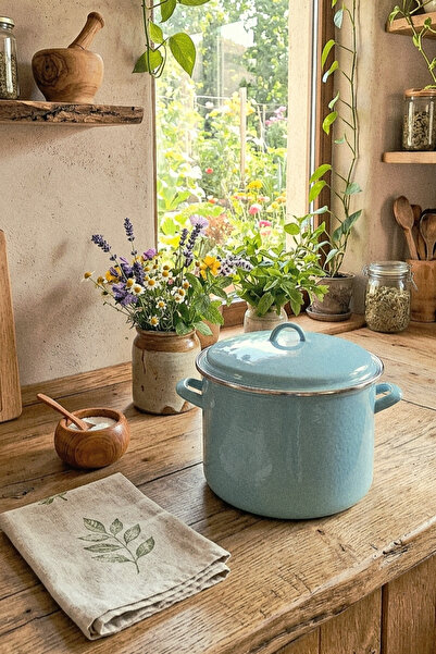 Avşar Emaye Evi̇m 30 cm 12 Liter Turquoise Large Size Sauce Jam Ashura Pot