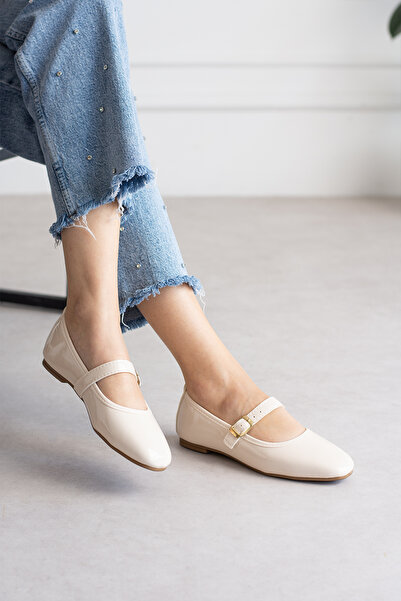 pasyone Cream Patent Leather Women's Daily Buckle Ballerinas