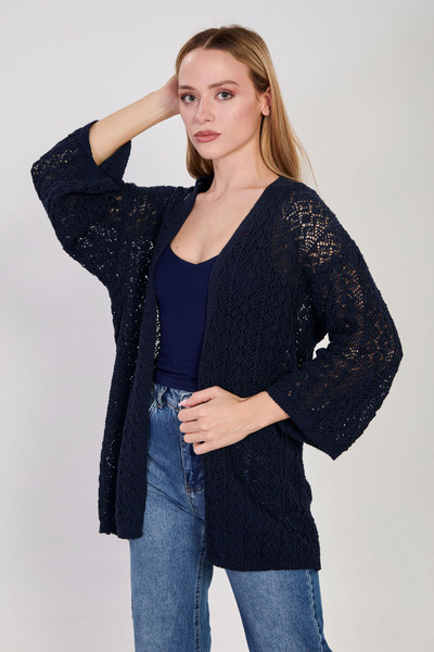 BARRELS AND OIL Women's Elbow Sleeve Openwork Cardigan - Navy Blue