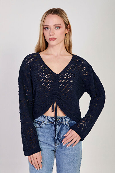 BARRELS AND OIL Women's front ruched openwork sweater - navy blue