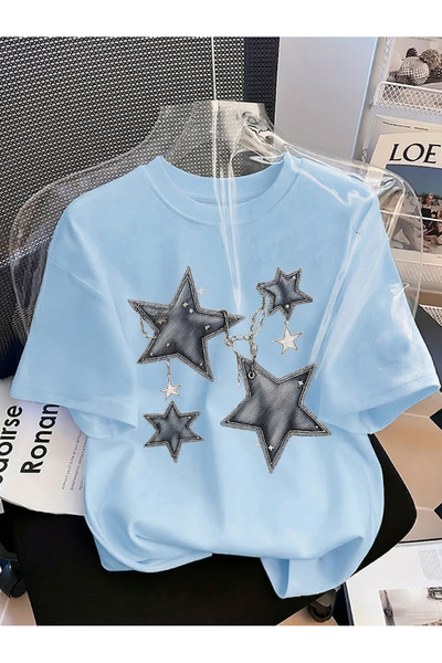Let's Wear Y2K Estetik Denim Yıldız Detaylı Kısa Kollu Tişört