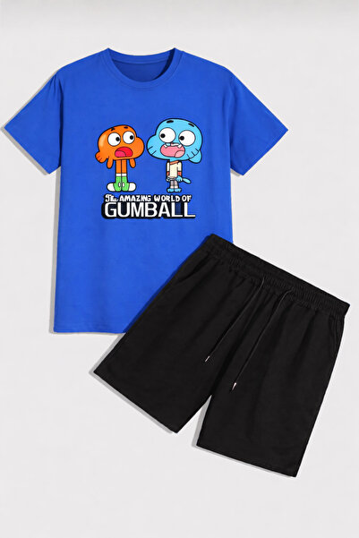 YK WEAR Cartoon Printed Gumball Black T-Shirt Shorts Set Children / Adult