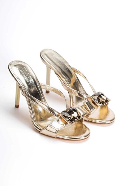 moun shoes Women's Gold Stone Detailed Thin Heeled Summer Slippers