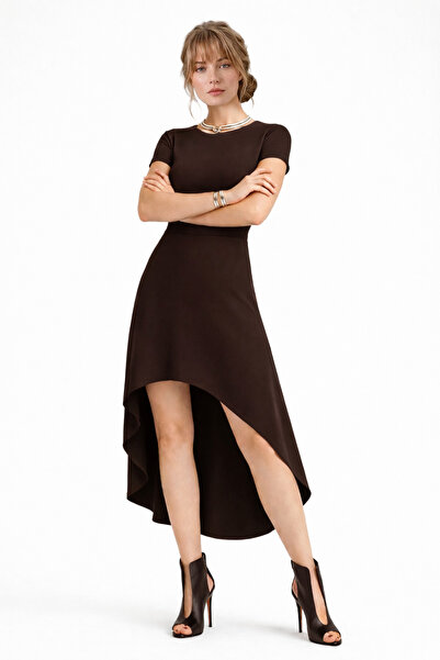 By Yaren Yazıcı Women's Brown Asymmetrical Hem Short Sleeve Midi Dress - Styl...
