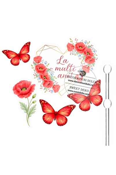 Decoratiuni Dulci Cake topper din carton La Multi Ani! eticheta cu maci si fl...