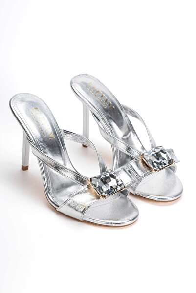 moun shoes Women's Silver Stone Detailed Thin Heeled Summer Slippers