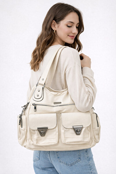 samilon Geantă de umăr și de mână din piele spălată pentru femei, cu multiple...