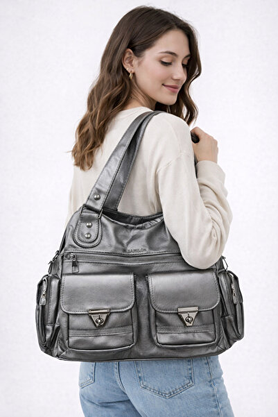 samilon Geantă de umăr și de mână din piele spălată pentru femei, cu multiple...