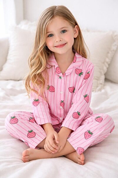 byalisdmr KIZ ÇOCUK PİJAMA TAKIMI PEMBE ÇİLEK DESEN %100 PAMUK SÜPREM KUMAŞ U...