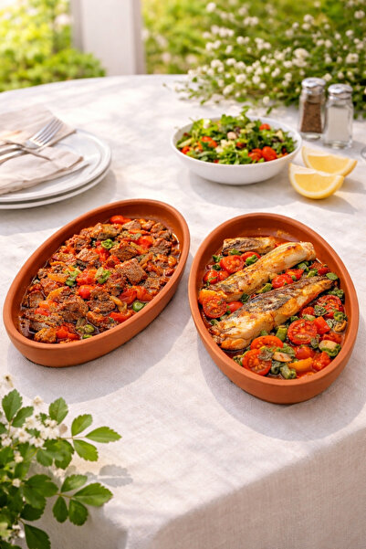 UCR HOME Toprak Güveç 30 cm İçi Sırlı Kayık Oval Güveç Fırın Tepsisi Toprak F...