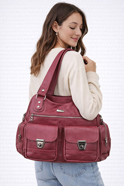 samilon Geantă de umăr și de mână din piele spălată pentru femei, cu multiple...