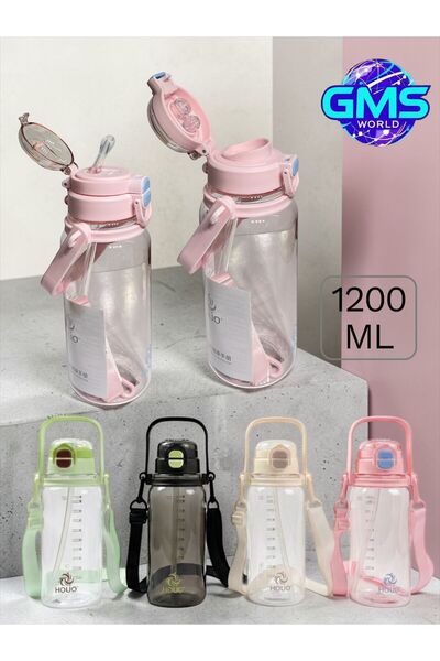 GMS WORLD Double-Cap 1200 ml Water Bottle with Strap Holder & Straw