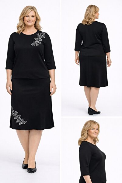 BİrHoşButik Plus Size Full Lycra Trendy Elastic Waist Flower Embroidered Styl...