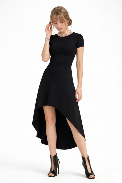 By Yaren Yazıcı Γυναικείο μίντι φόρεμα με κοντό μανίκι και ασύμμετρη μαύρη φο...