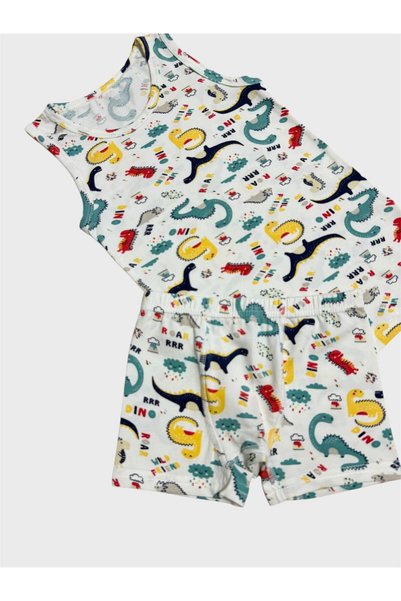 elmas kids Boys' 100% Cotton White Colorful Dinosaurs Patterned Athlete Boxer Set