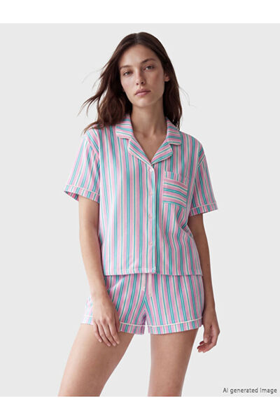 LC Waikiki Rmz Gi̇yi̇m Farkiyla Shirt Roba Collar Striped Women's Shorts Paja...
