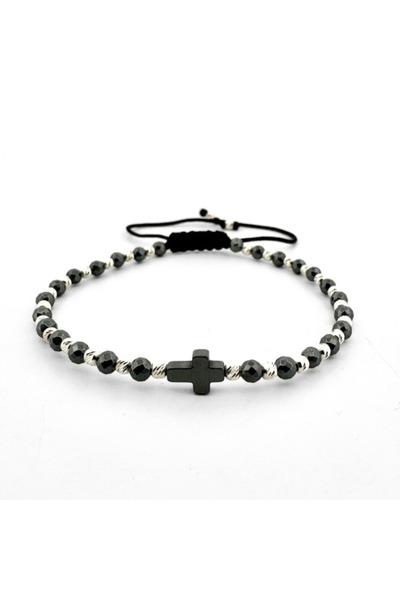 Teo Bijoux Brățară cu mărgele din argint 925, hematit fațetat de 3 mm și cruc...