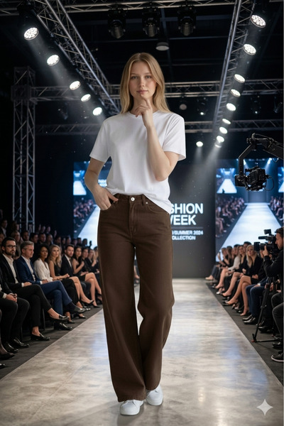 mooishan بنطلون جينز إيفلين براون عالي الخصر، بنطلون جينز فضفاض واسع الأرجل م...