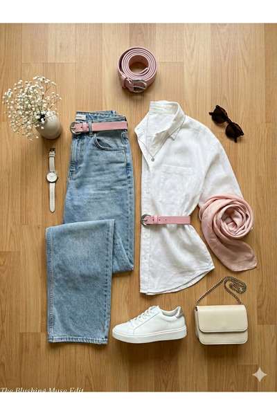 TR Kadın Pembe İnce Kemer - Gümüş Oval Tokalı Aksesuar