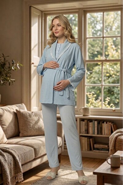 Lohussa New Season Blue Jacquard Summer Shawl Collar Short Sleeve Maternity D...