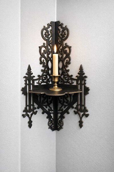 Decorion Oymalı Ahşap Köşe Duvar Rafı Siyah