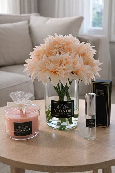 VINNOS HOME CONCEPT Şeftali Tonları, Yapay Yıldız Çiçeği Aranjmanı Cam Vazoda...