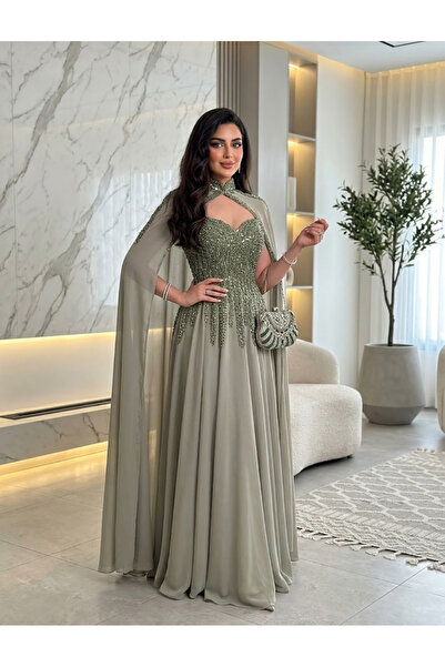 DVNA Charming Olive Green Evening Dress with Sequin Embellishments and a Flow...