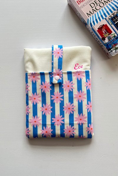 Outlet Çarşım Book Cover with Pockets Protective Book Lover Gift Floral Striped Fabric
