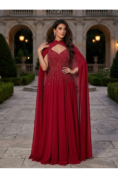 DVNA Charming Red Color Evening Dress Embellished with Sequins with Flowing C...