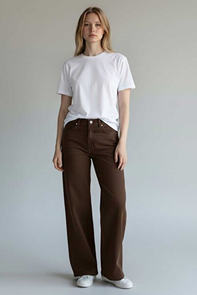 mooishan Haly Women's Jeans Loose Brown Loose High Waist Lycra Palazzo Denim ...