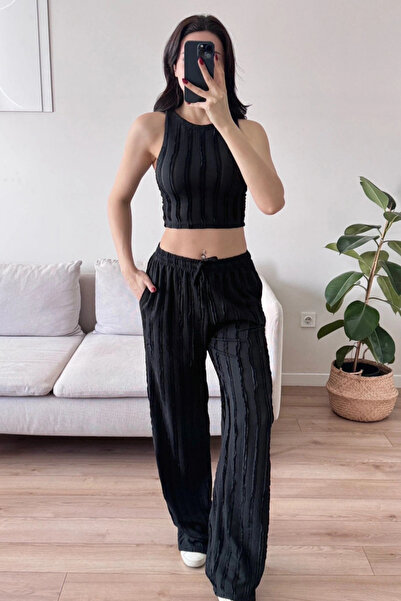 MOZENA Halter Neck Reverse Stitch Crop Top and Pants Two-Piece Set