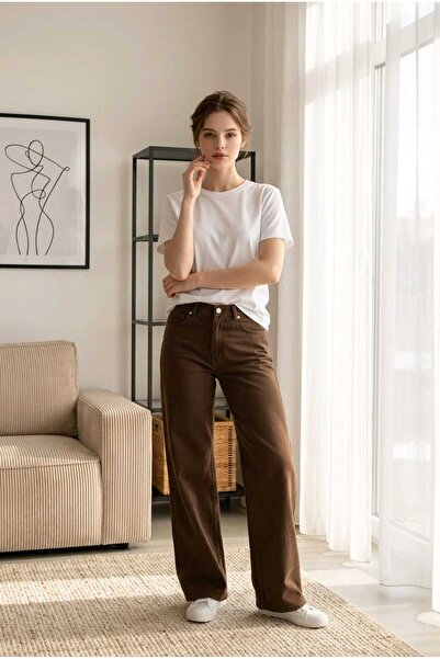 mooishan Çnr Miya Brown Women's High Waist Palazzo Jeans New