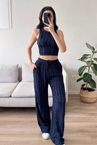 MOZENA Halter Neck Reverse Stitch Crop Top and Pants Two-Piece Set