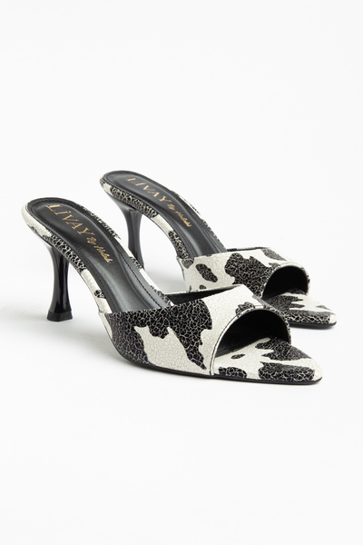 halabi moda Women's Black Patterned Pointed Toe Low Heel Sandals