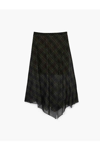 Koton Asimetrik Kesim Ekoseli Tül Midi Etek