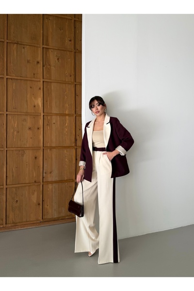 HOEK Women's Cream-Purple Oversize Blazer Jacket Trousers Suit