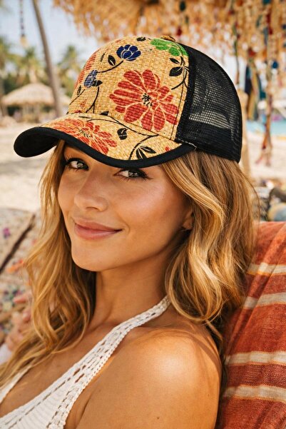 MARBERRY Black Mesh Floral Patterned Straw Cap Women's Hat