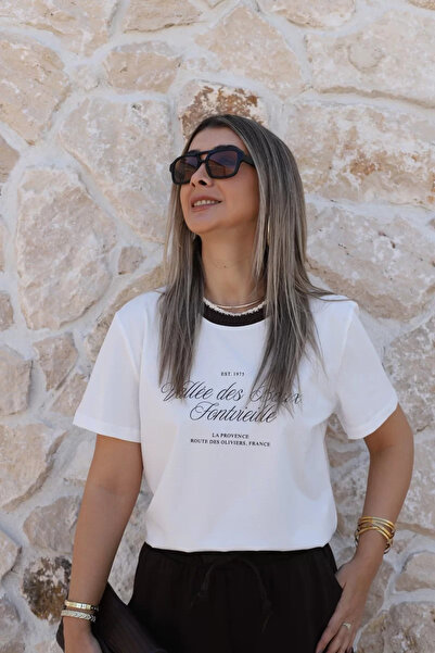 bytugcekaya Ecru coffee embroidered collar t-shirt