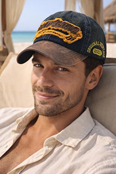 BALIENTE Navy Blue Embroidered Denim Fabric Cap Men's Hat