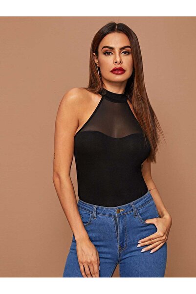 Perry Boutique Black Halter Neck Tulle Detailed Stylish Blouse