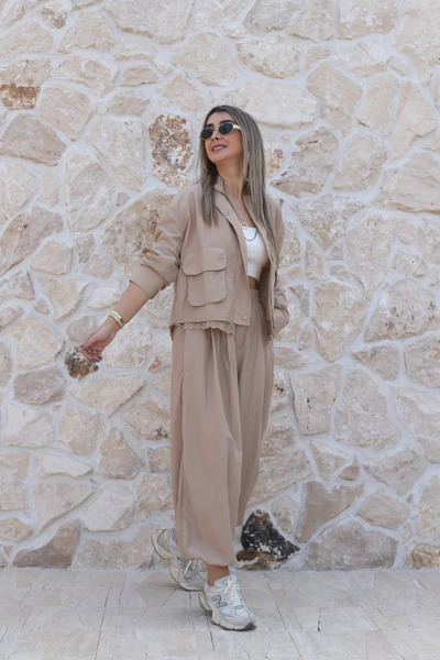 bytugcekaya Beige Jacket with Embroidered Hem and Lined Balloon Pants Set